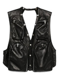 CONCORDIANS CARGO VEST IN BLACK WAXY LAMB LEATHER